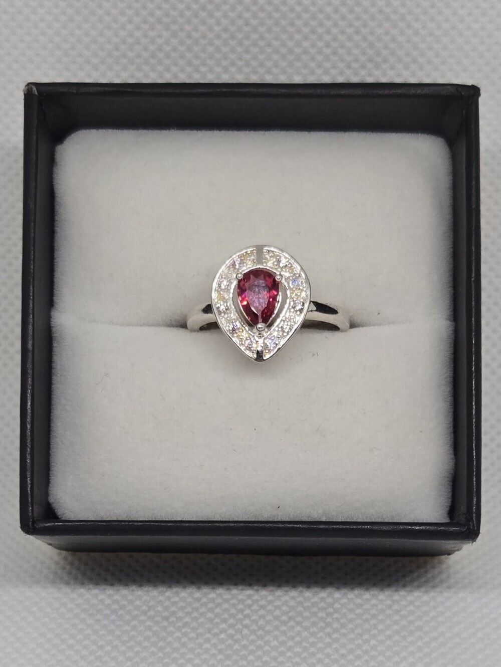 Silver Tone Pear Red Rhinestone Halo Ring Statement Fashion Jewelry